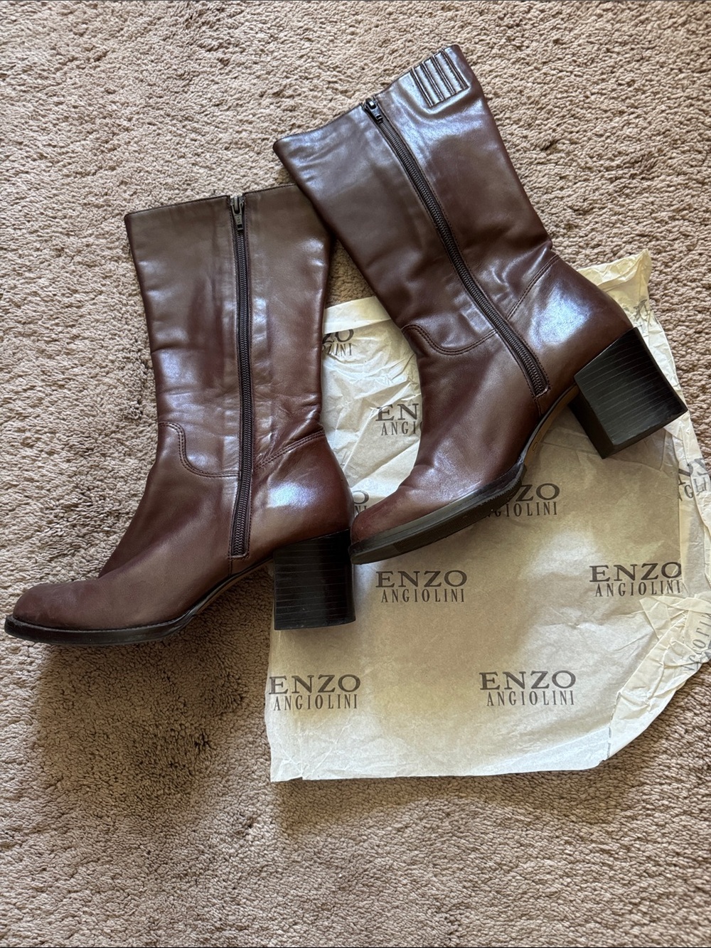 Enzo Angiolini Women's Chocolate Brown Leather Mid-Calf Zip Heeled Boots. Size 8